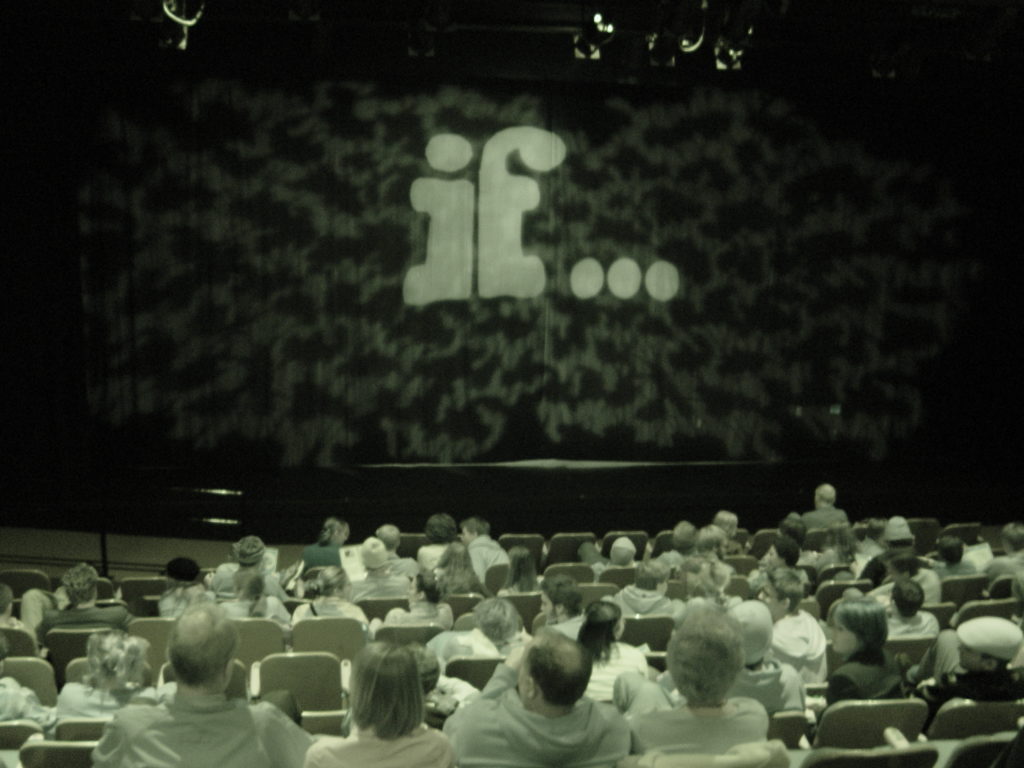 the stage at the Gas Station Arts Centre before a show with the classic if logo